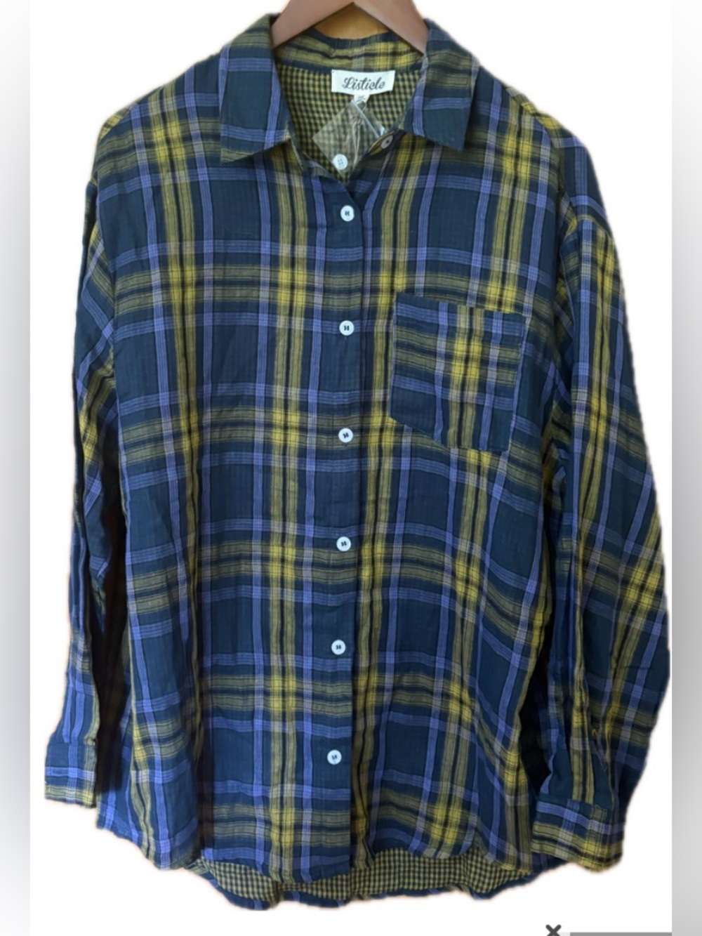 Listicle Blue Mustard Plaid Button Down Shirt I NWT I Large
